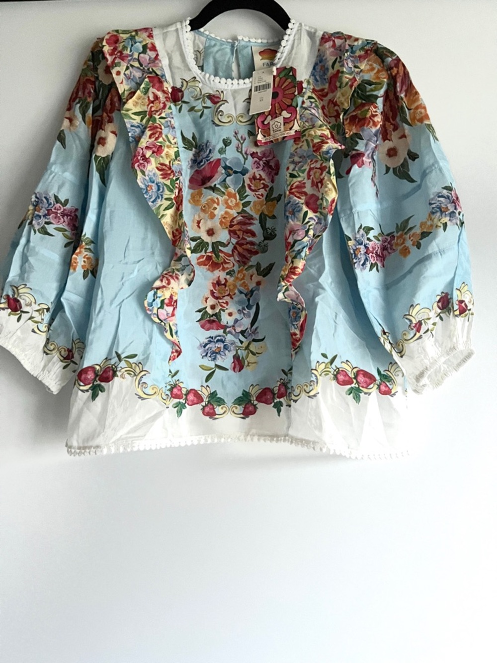 FARM Rio x Anthropologie Blue Floral Printed Lace Trimmed Blouse Size XS NWT - Picture 7 of 7